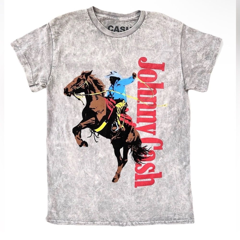 Johnny Cash Grey Beige Acid Wash Cowboy Horse Cotton T-Shirt NWOT Size Small